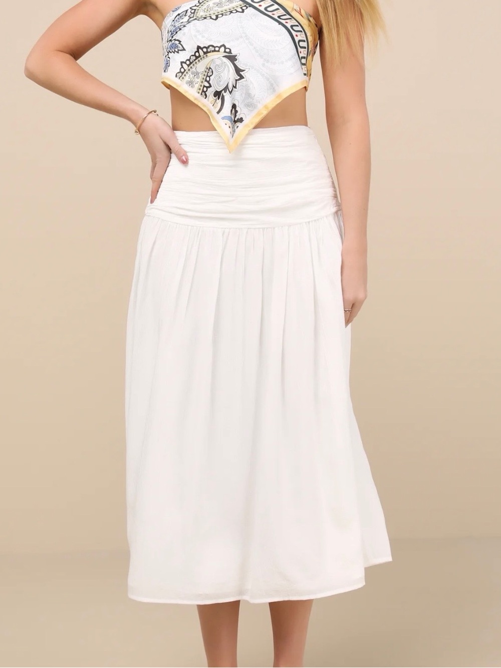 Kesia White Textured A-Line Midi Skirt